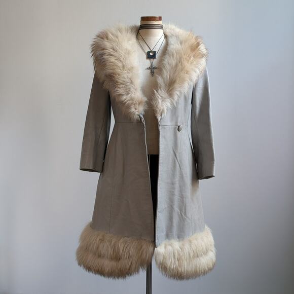 Vintage Leather Penny Lane Coat Grey Cream Fur Trim Trench Afghan Jacket Medium - Picture 8 of 12